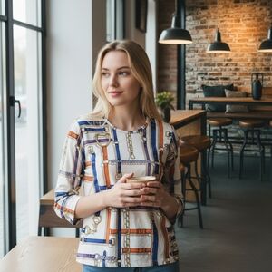 J.McLaughlin Belt Chain Print Top M Equestrian Chic Nautical Classic Stretch Tee